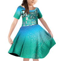 Fiji Born Indian Family Matching Off Shoulder Short Dress and Hawaiian Shirt Palm Paisley With Tapa Pattern LT05 Daughter's Dress Aqua - Polynesian Pride