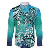 Fiji Born Indian Family Matching Off Shoulder Short Dress and Hawaiian Shirt Palm Paisley With Tapa Pattern LT05 Dad's Shirt - Long Sleeve Aqua - Polynesian Pride