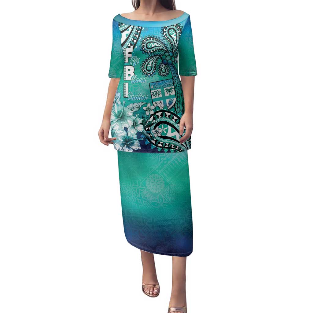 Fiji Born Indian Family Matching Puletasi and Hawaiian Shirt Palm Paisley With Tapa Pattern LT05 Mom's Dress Aqua - Polynesian Pride