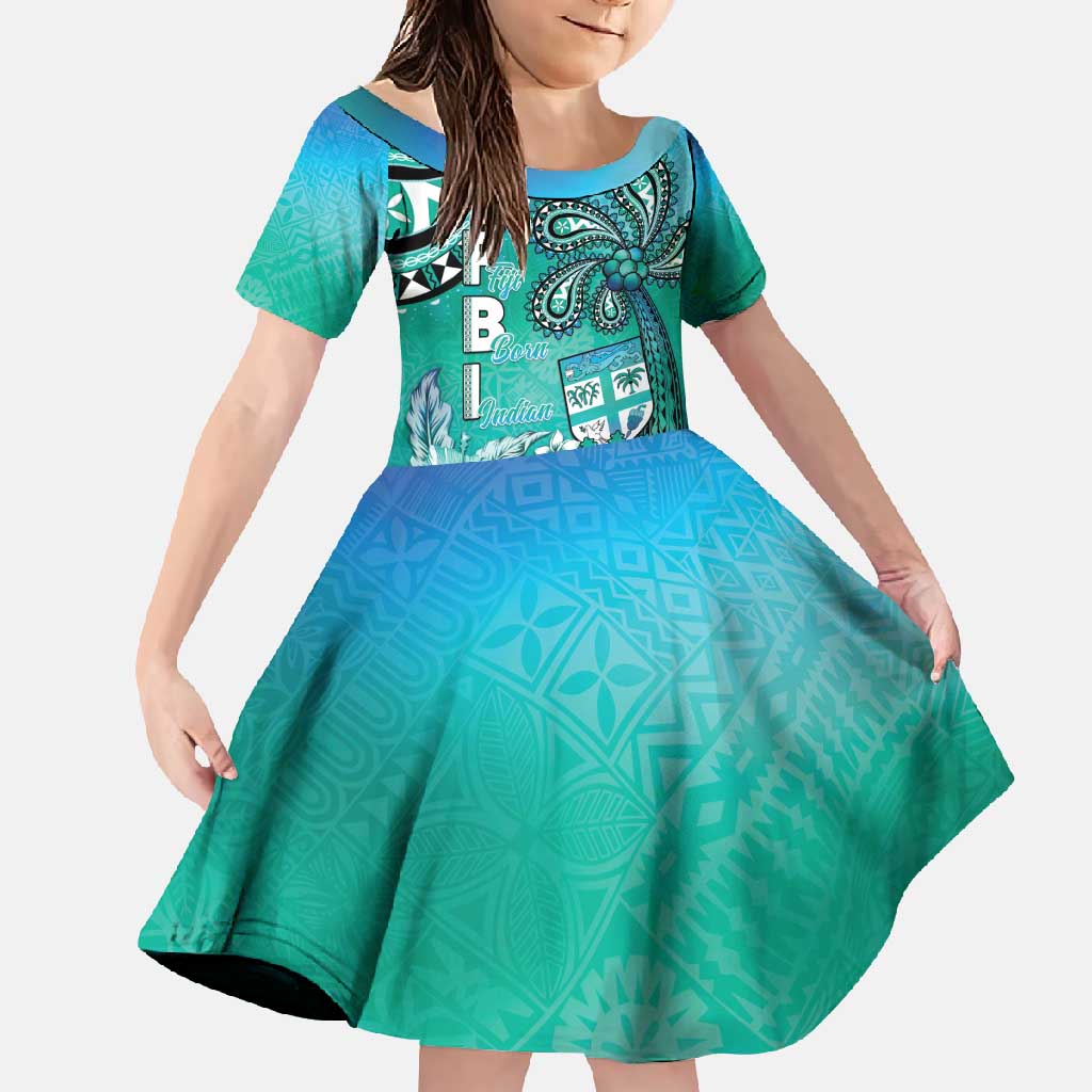 Fiji Born Indian Family Matching Short Sleeve Bodycon Dress and Hawaiian Shirt Palm Paisley With Tapa Pattern LT05 Daughter's Dress Aqua - Polynesian Pride
