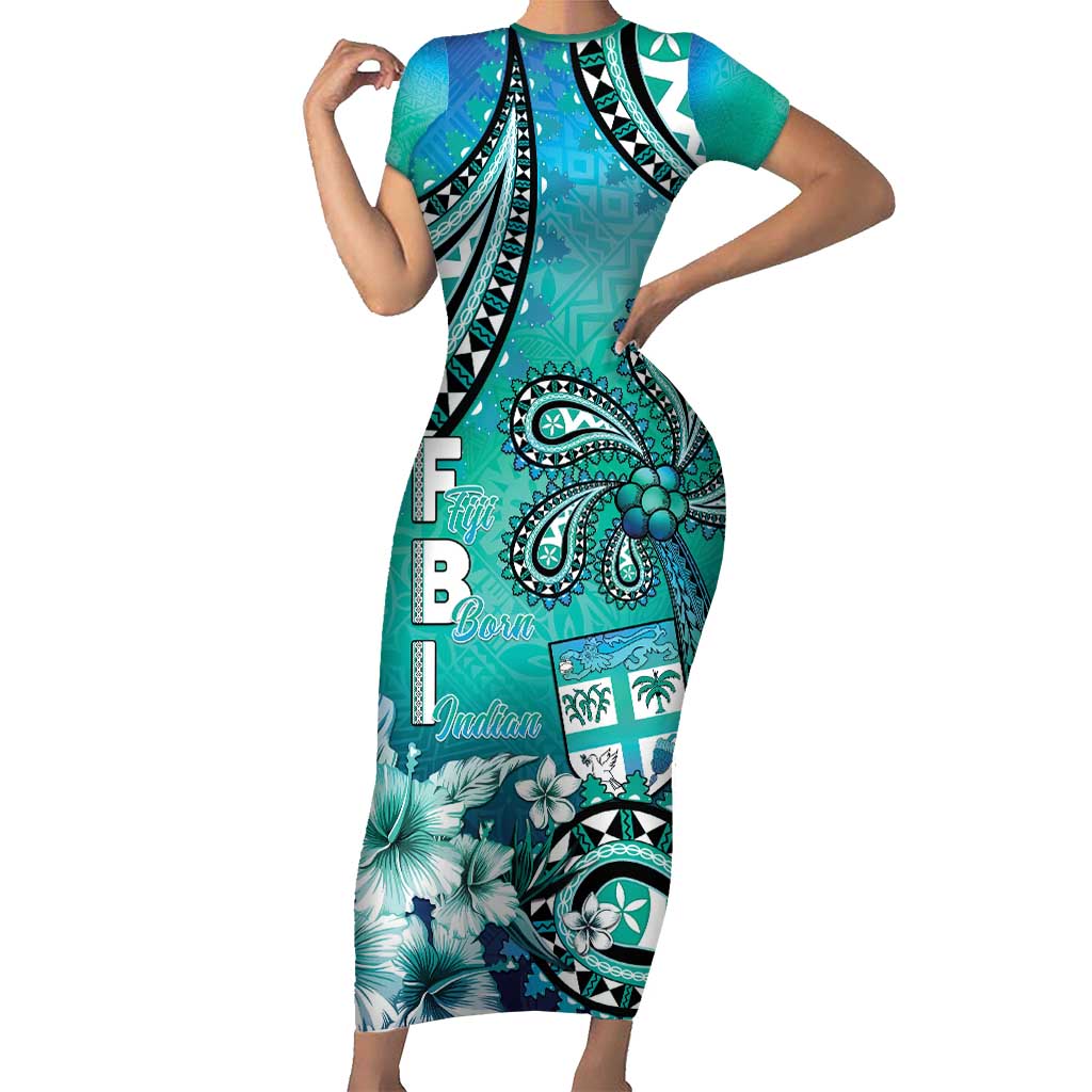 Fiji Born Indian Family Matching Short Sleeve Bodycon Dress and Hawaiian Shirt Palm Paisley With Tapa Pattern LT05 Mom's Dress Aqua - Polynesian Pride