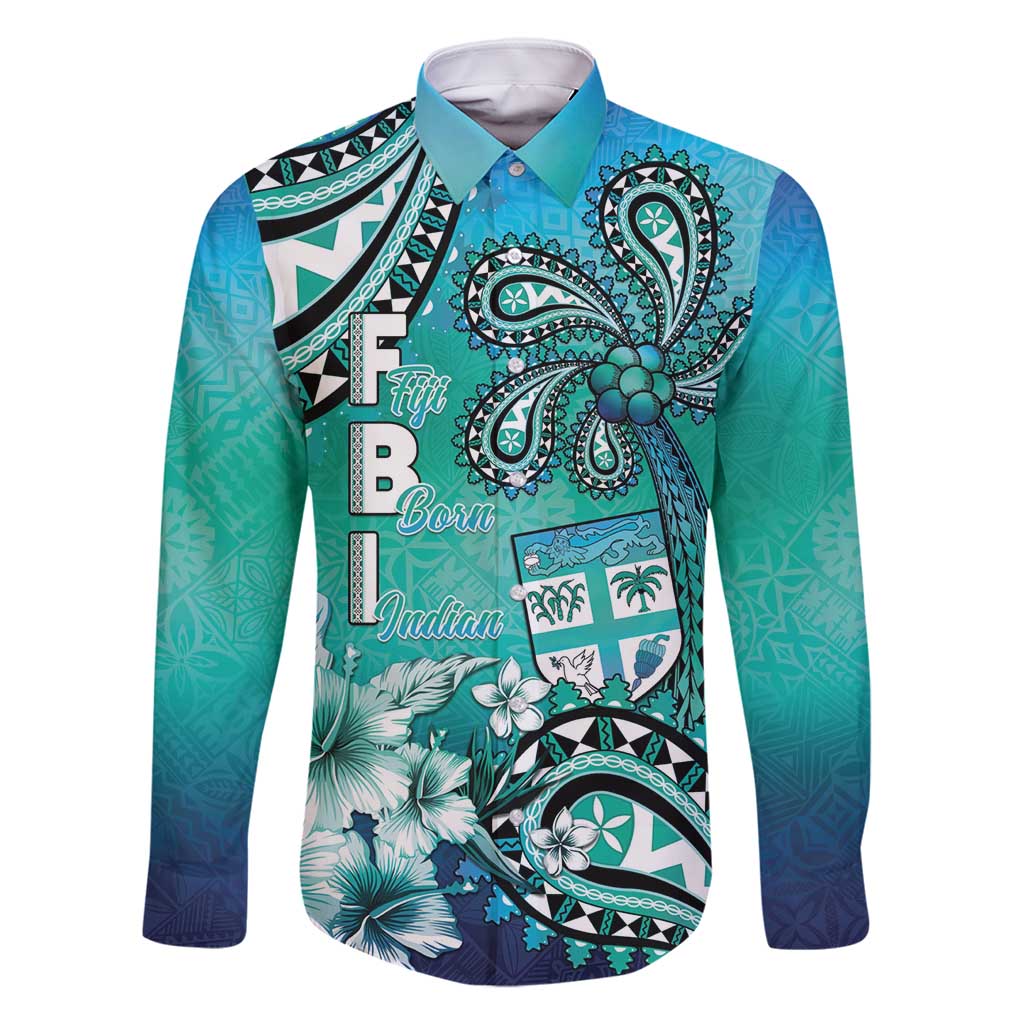 Fiji Born Indian Family Matching Summer Maxi Dress and Hawaiian Shirt Palm Paisley With Tapa Pattern LT05 Dad's Shirt - Long Sleeve Aqua - Polynesian Pride