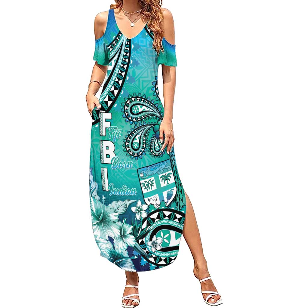 Fiji Born Indian Family Matching Summer Maxi Dress and Hawaiian Shirt Palm Paisley With Tapa Pattern LT05 Mom's Dress Aqua - Polynesian Pride