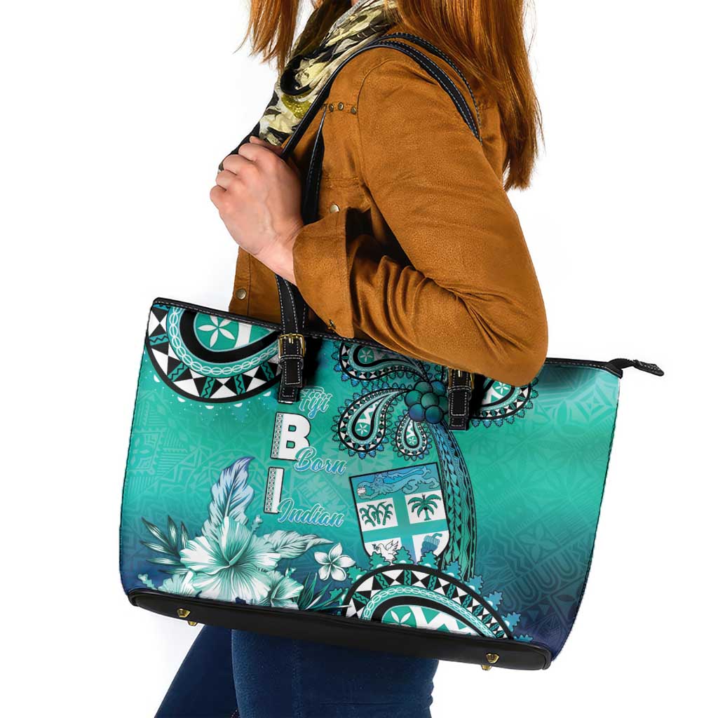 Fiji Born Indian Leather Tote Bag Palm Paisley With Tapa Pattern LT05 Aqua - Polynesian Pride