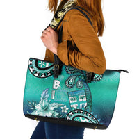 Fiji Born Indian Leather Tote Bag Palm Paisley With Tapa Pattern LT05 Aqua - Polynesian Pride