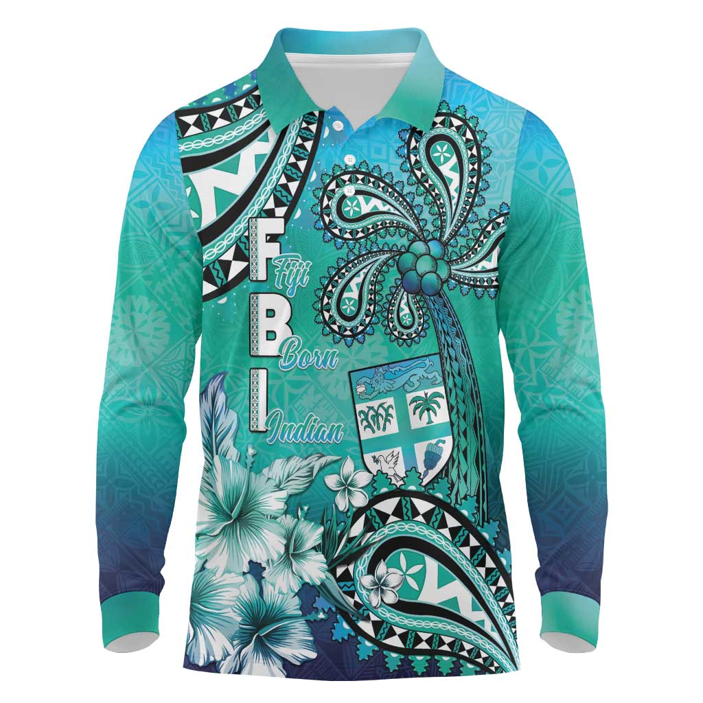 Fiji Born Indian Long Sleeve Polo Shirt Palm Paisley With Tapa Pattern LT05 Aqua - Polynesian Pride