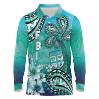 Fiji Born Indian Long Sleeve Polo Shirt Palm Paisley With Tapa Pattern LT05 Aqua - Polynesian Pride