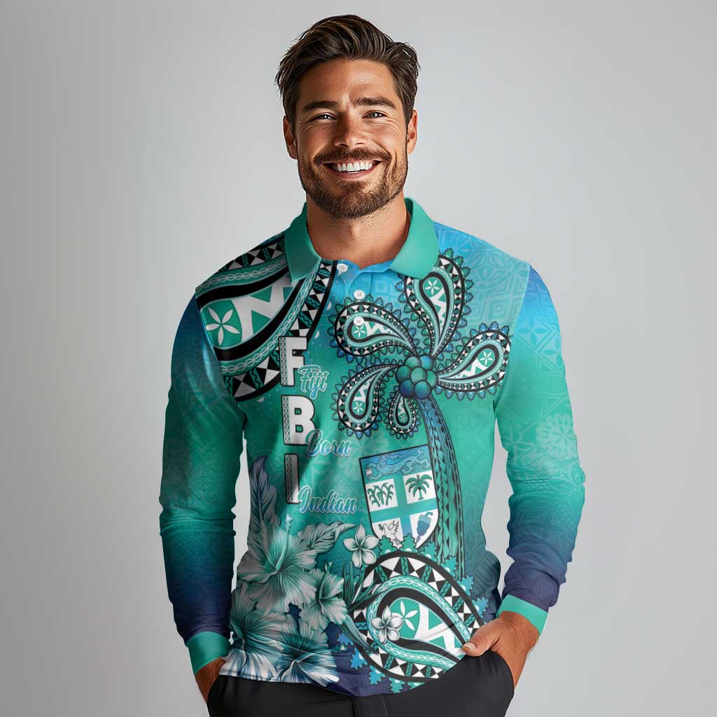Fiji Born Indian Long Sleeve Polo Shirt Palm Paisley With Tapa Pattern LT05 - Polynesian Pride