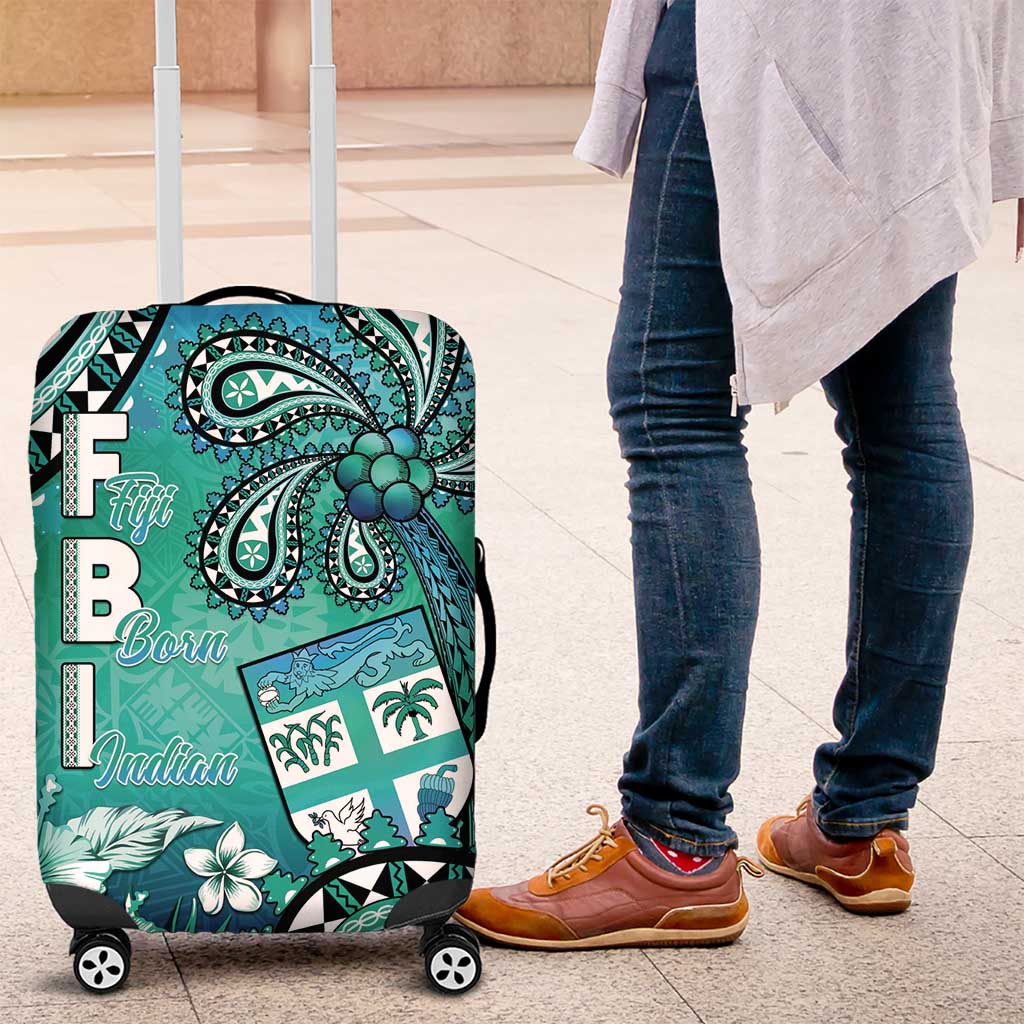 Fiji Born Indian Luggage Cover Palm Paisley With Tapa Pattern LT05 Aqua - Polynesian Pride