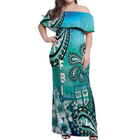 Fiji Born Indian Off Shoulder Maxi Dress Palm Paisley With Tapa Pattern LT05 Women Aqua - Polynesian Pride