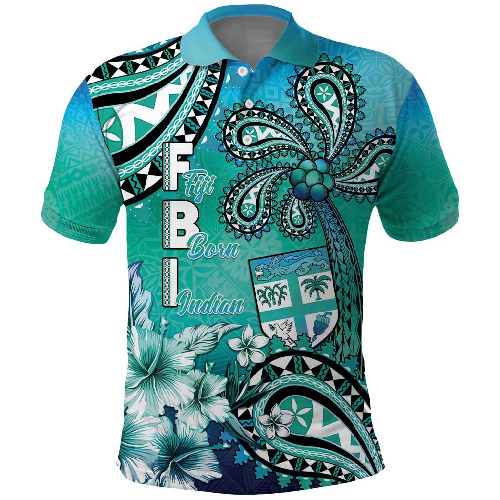 Fiji Born Indian Polo Shirt Palm Paisley With Tapa Pattern LT05 Aqua - Polynesian Pride