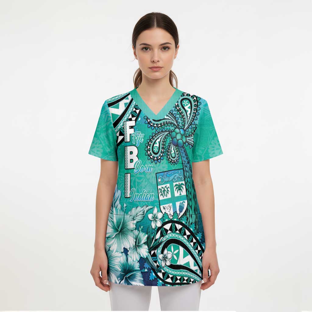 Fiji Born Indian Scrub Top Palm Paisley With Tapa Pattern - Polynesian Pride
