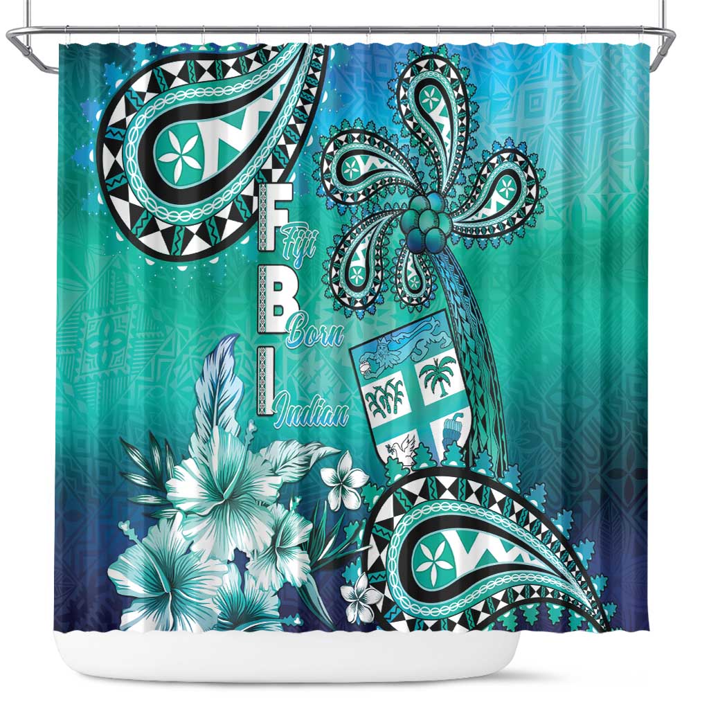 Fiji Born Indian Shower Curtain Palm Paisley With Tapa Pattern LT05 Aqua - Polynesian Pride
