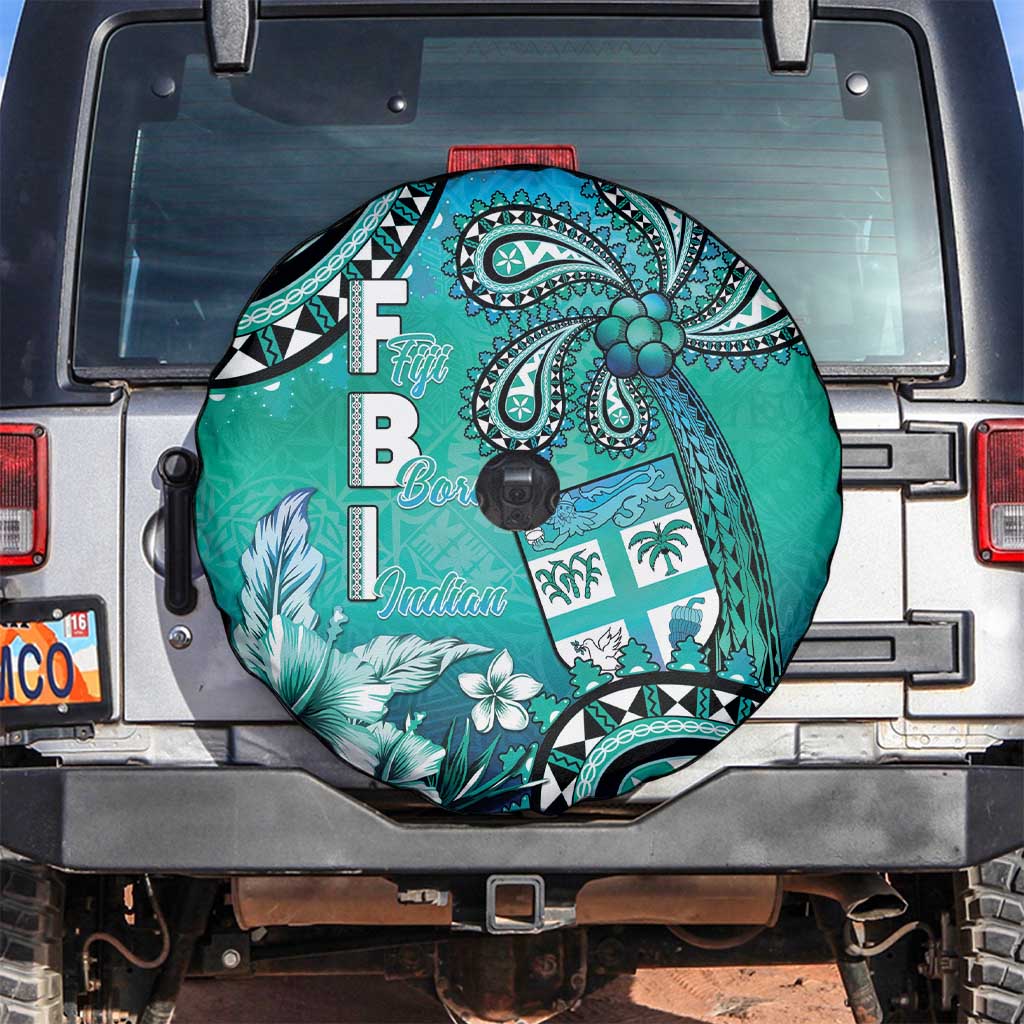 Fiji Born Indian Spare Tire Cover Palm Paisley With Tapa Pattern LT05 Aqua - Polynesian Pride