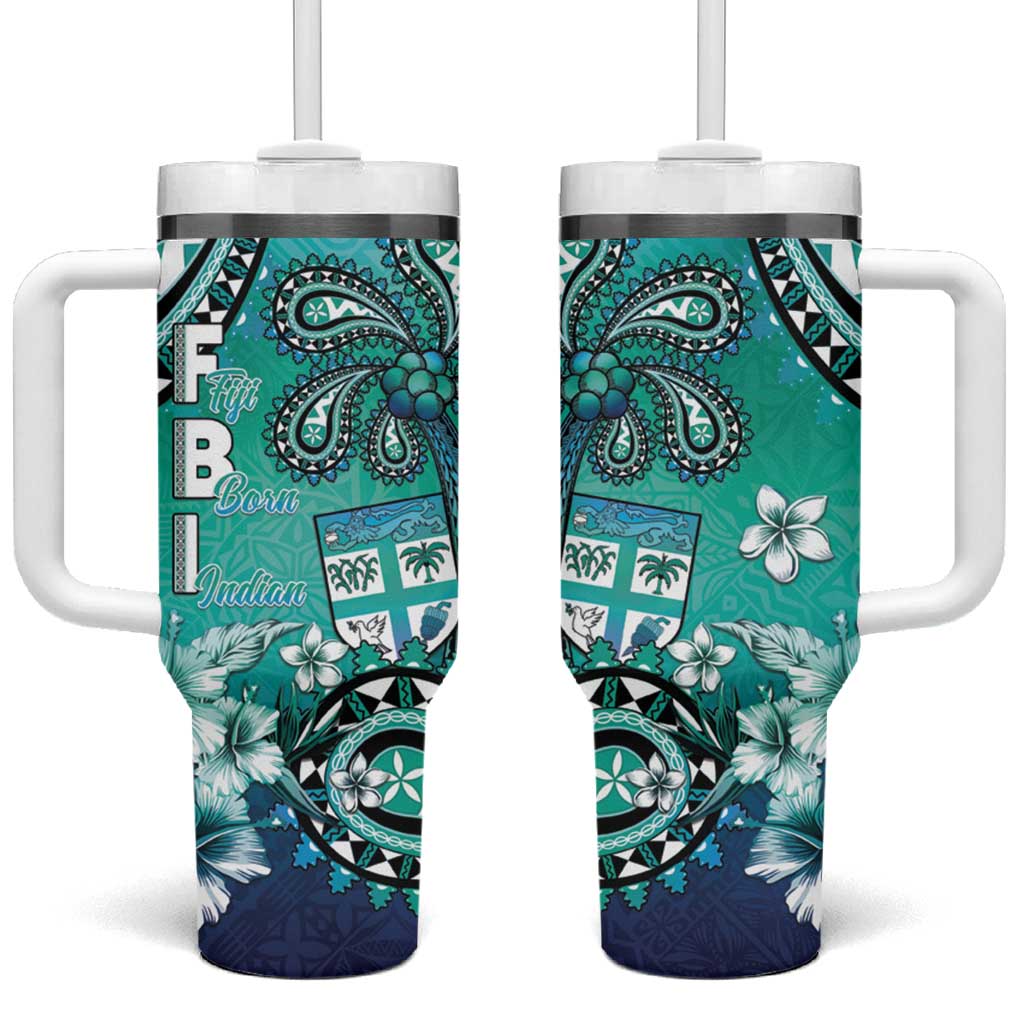 Fiji Born Indian Tumbler With Handle Palm Paisley With Tapa Pattern LT05 One Size: 40 oz Aqua - Polynesian Pride