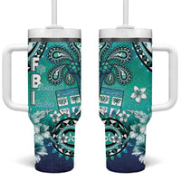 Fiji Born Indian Tumbler With Handle Palm Paisley With Tapa Pattern LT05 One Size: 40 oz Aqua - Polynesian Pride