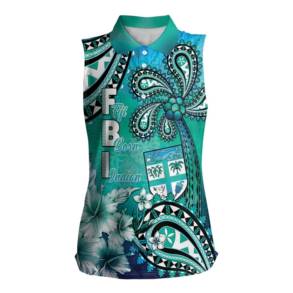 Fiji Born Indian Women Sleeveless Polo Shirt Palm Paisley With Tapa Pattern LT05 Female Aqua - Polynesian Pride