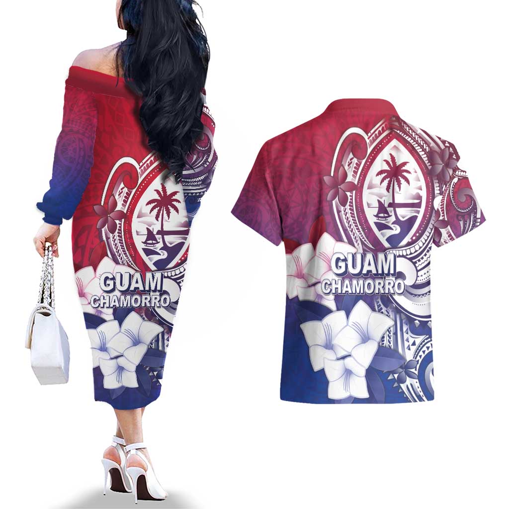 Guam Gadao Couples Matching Off The Shoulder Long Sleeve Dress and Hawaiian Shirt Hafa Adai Micronesian Tribal Pattern