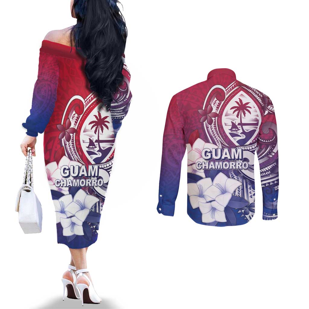 Guam Gadao Couples Matching Off The Shoulder Long Sleeve Dress and Long Sleeve Button Shirt Hafa Adai Micronesian Tribal Pattern
