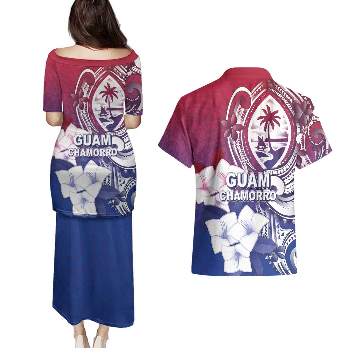 Guam Gadao Couples Matching Puletasi and Hawaiian Shirt Hafa Adai Micronesian Tribal Pattern