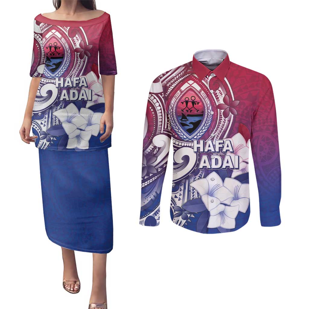 Guam Gadao Couples Matching Puletasi and Long Sleeve Button Shirt Hafa Adai Micronesian Tribal Pattern