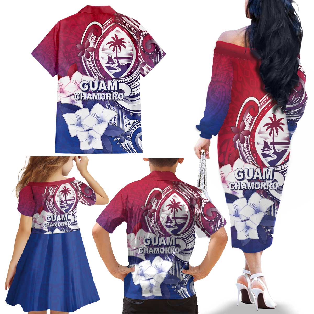Guam Gadao Family Matching Off The Shoulder Long Sleeve Dress and Hawaiian Shirt Hafa Adai Micronesian Tribal Pattern LT05 - Polynesian Pride