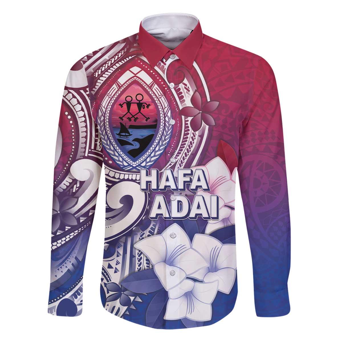 Guam Gadao Family Matching Off The Shoulder Long Sleeve Dress and Hawaiian Shirt Hafa Adai Micronesian Tribal Pattern LT05 Dad's Shirt - Long Sleeve Red - Polynesian Pride