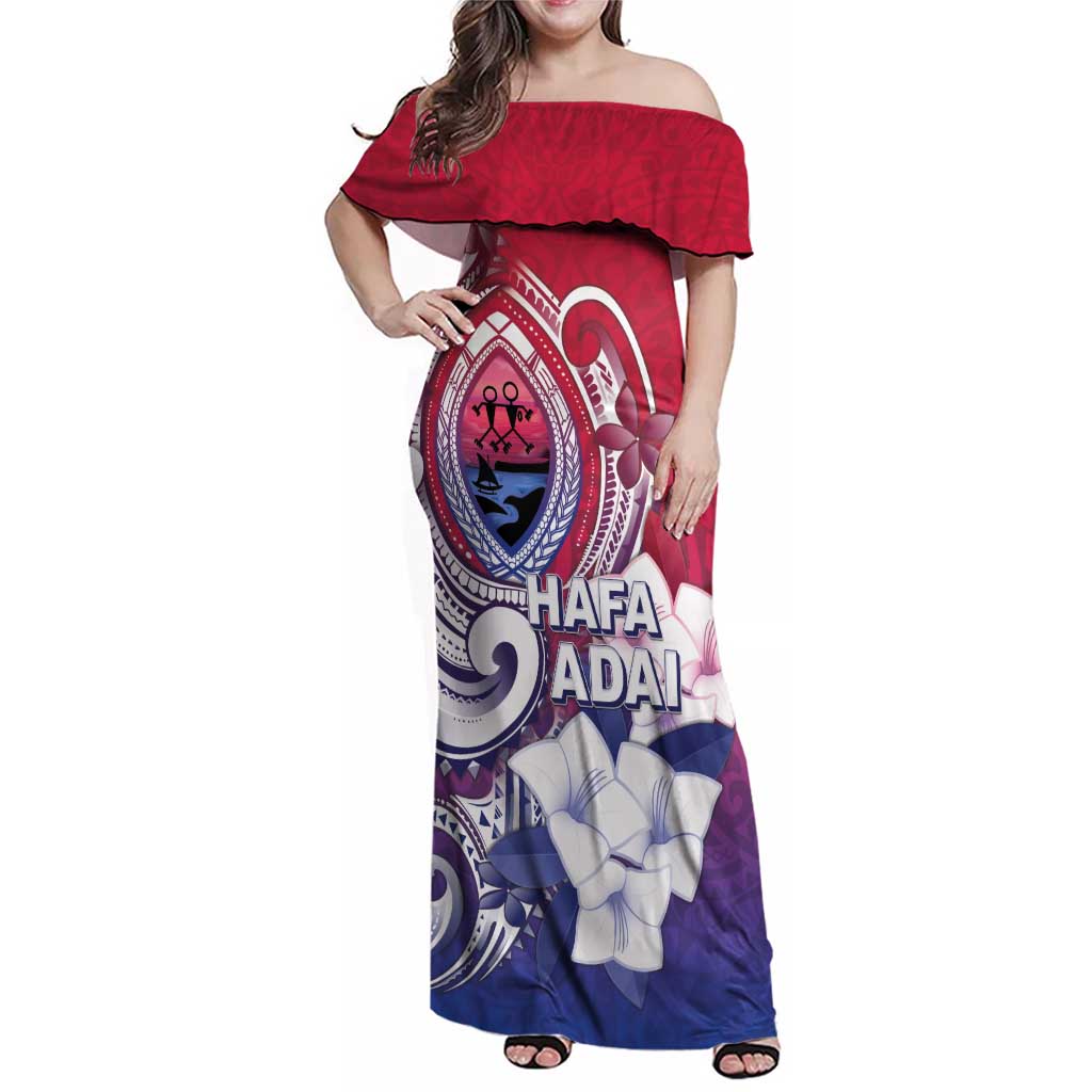 Guam Gadao Family Matching Off Shoulder Maxi Dress and Hawaiian Shirt Hafa Adai Micronesian Tribal Pattern LT05 Mom's Dress Red - Polynesian Pride