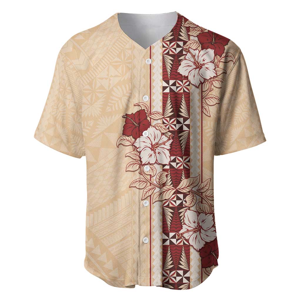 Tonga Language Week Baseball Jersey Hibiscus Tongan Ngatu Pattern LT05 Beige - Polynesian Pride