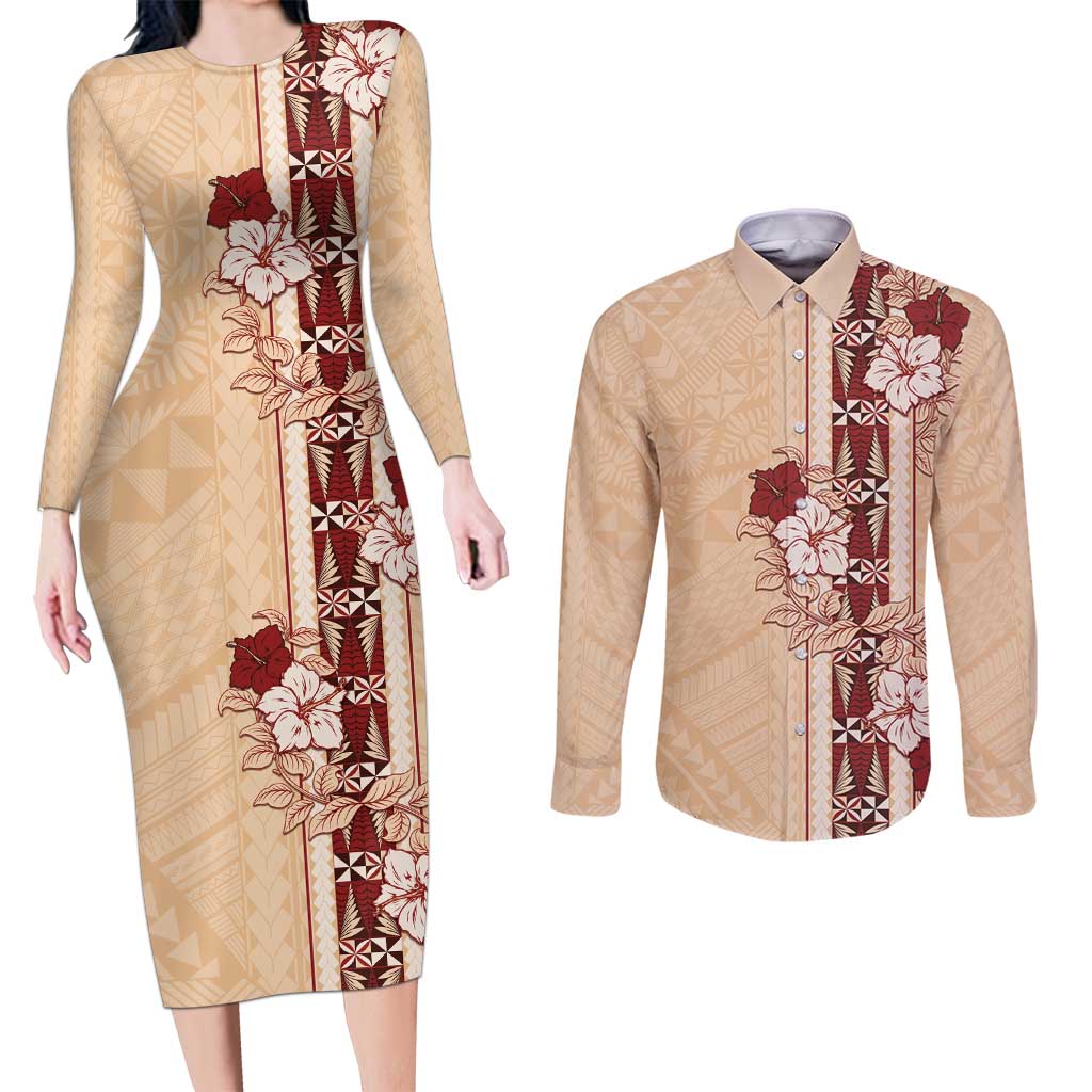 Tonga Language Week Couples Matching Long Sleeve Bodycon Dress and Long Sleeve Button Shirt Hibiscus Tongan Ngatu Pattern LT05 Beige - Polynesian Pride