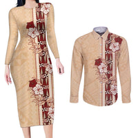 Tonga Language Week Couples Matching Long Sleeve Bodycon Dress and Long Sleeve Button Shirt Hibiscus Tongan Ngatu Pattern LT05 Beige - Polynesian Pride