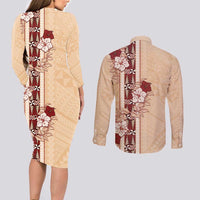Tonga Language Week Couples Matching Long Sleeve Bodycon Dress and Long Sleeve Button Shirt Hibiscus Tongan Ngatu Pattern LT05 - Polynesian Pride