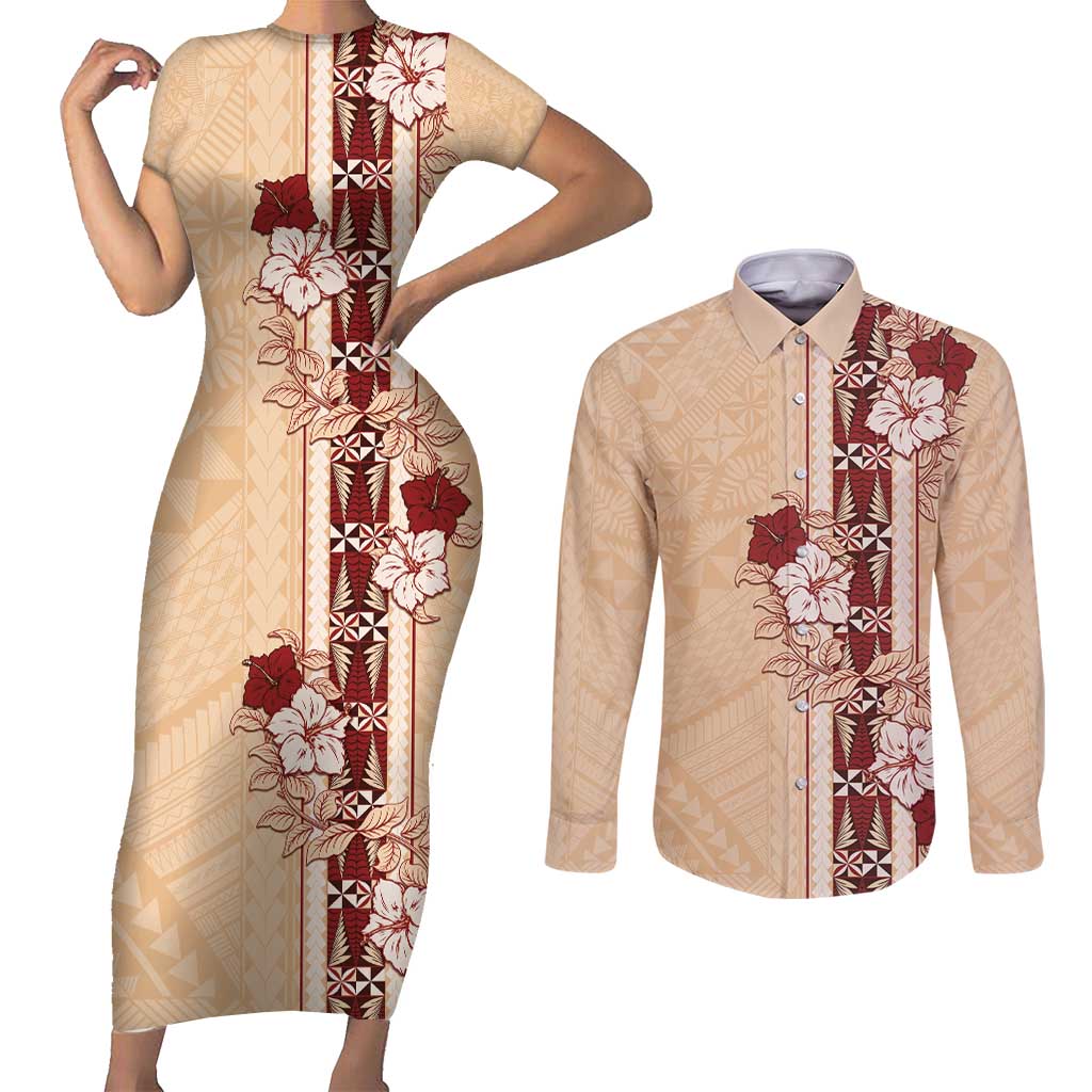 Tonga Language Week Couples Matching Short Sleeve Bodycon Dress and Long Sleeve Button Shirt Hibiscus Tongan Ngatu Pattern LT05 Beige - Polynesian Pride