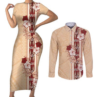 Tonga Language Week Couples Matching Short Sleeve Bodycon Dress and Long Sleeve Button Shirt Hibiscus Tongan Ngatu Pattern LT05 Beige - Polynesian Pride