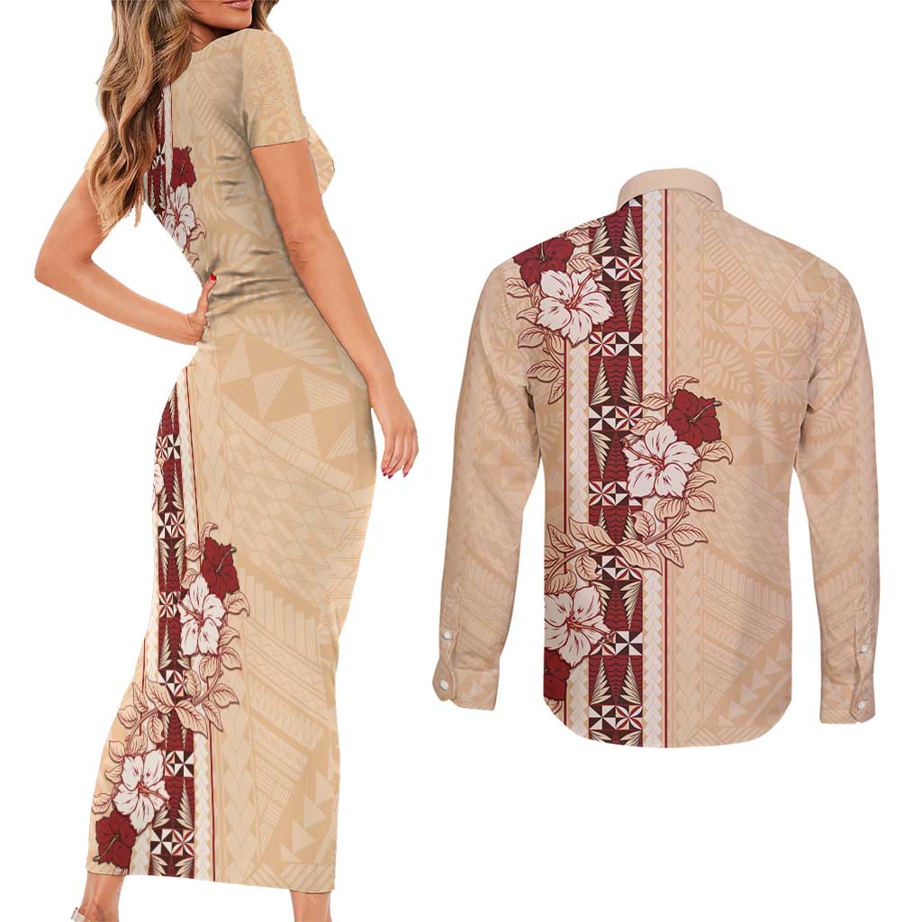 Tonga Language Week Couples Matching Short Sleeve Bodycon Dress and Long Sleeve Button Shirt Hibiscus Tongan Ngatu Pattern LT05 - Polynesian Pride