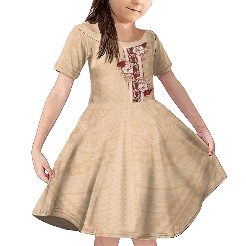 Tonga Language Week Family Matching Mermaid Dress and Hawaiian Shirt Hibiscus Tongan Ngatu Pattern LT05 Daughter's Dress Beige - Polynesian Pride