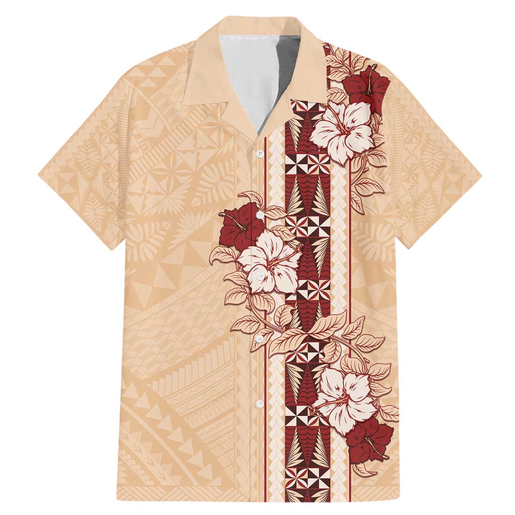 Tonga Language Week Family Matching Mermaid Dress and Hawaiian Shirt Hibiscus Tongan Ngatu Pattern LT05 Dad's Shirt - Short Sleeve Beige - Polynesian Pride
