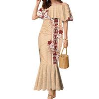 Tonga Language Week Family Matching Mermaid Dress and Hawaiian Shirt Hibiscus Tongan Ngatu Pattern LT05 Mom's Dress Beige - Polynesian Pride