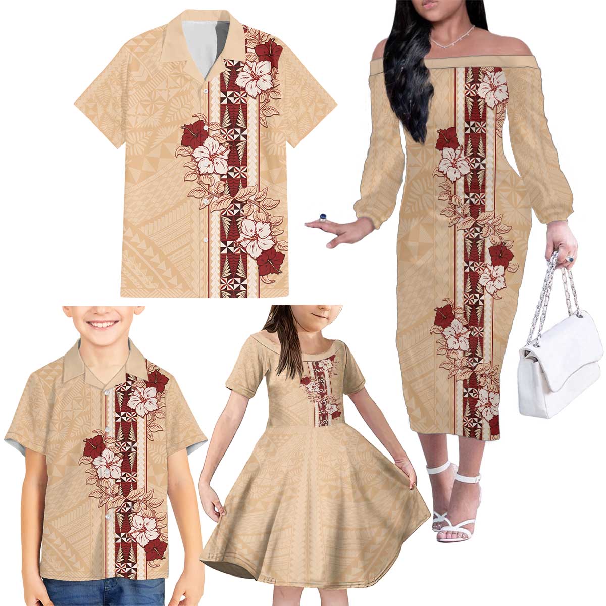 Tonga Language Week Family Matching Off The Shoulder Long Sleeve Dress and Hawaiian Shirt Hibiscus Tongan Ngatu Pattern LT05 - Polynesian Pride