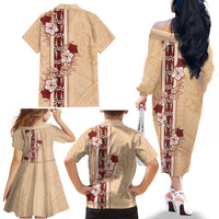 Tonga Language Week Family Matching Off The Shoulder Long Sleeve Dress and Hawaiian Shirt Hibiscus Tongan Ngatu Pattern LT05 - Polynesian Pride