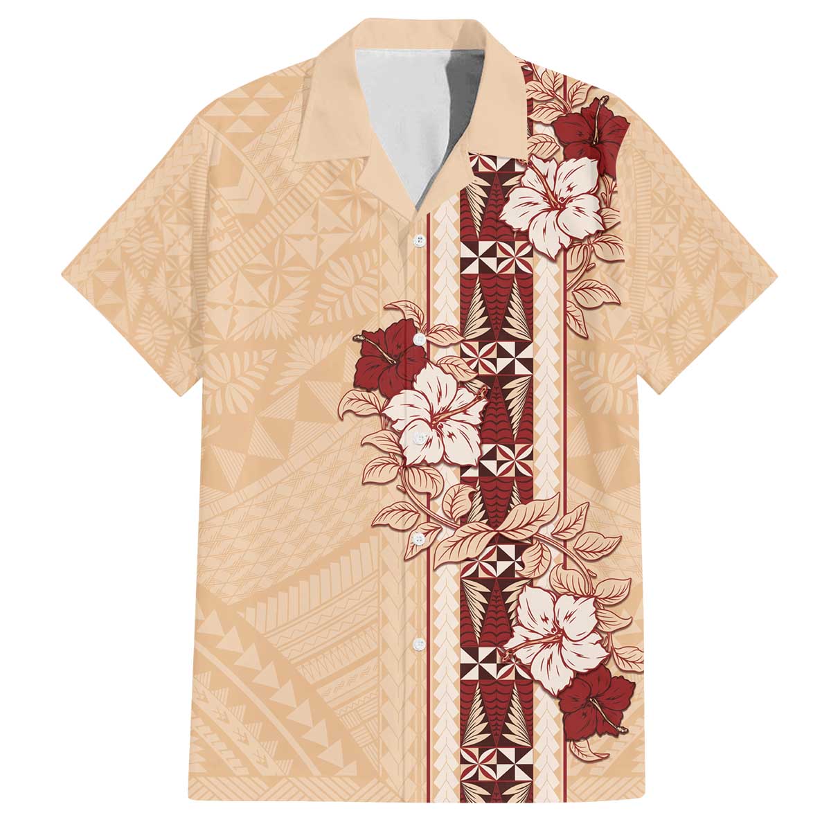 Tonga Language Week Family Matching Off The Shoulder Long Sleeve Dress and Hawaiian Shirt Hibiscus Tongan Ngatu Pattern LT05 Dad's Shirt - Short Sleeve Beige - Polynesian Pride
