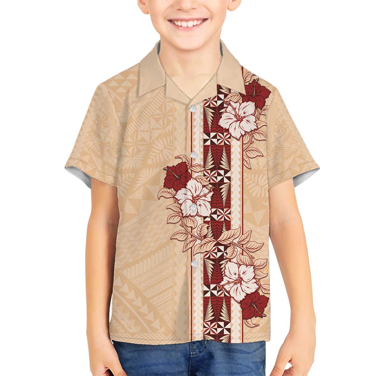 Tonga Language Week Family Matching Off The Shoulder Long Sleeve Dress and Hawaiian Shirt Hibiscus Tongan Ngatu Pattern LT05 Son's Shirt Beige - Polynesian Pride
