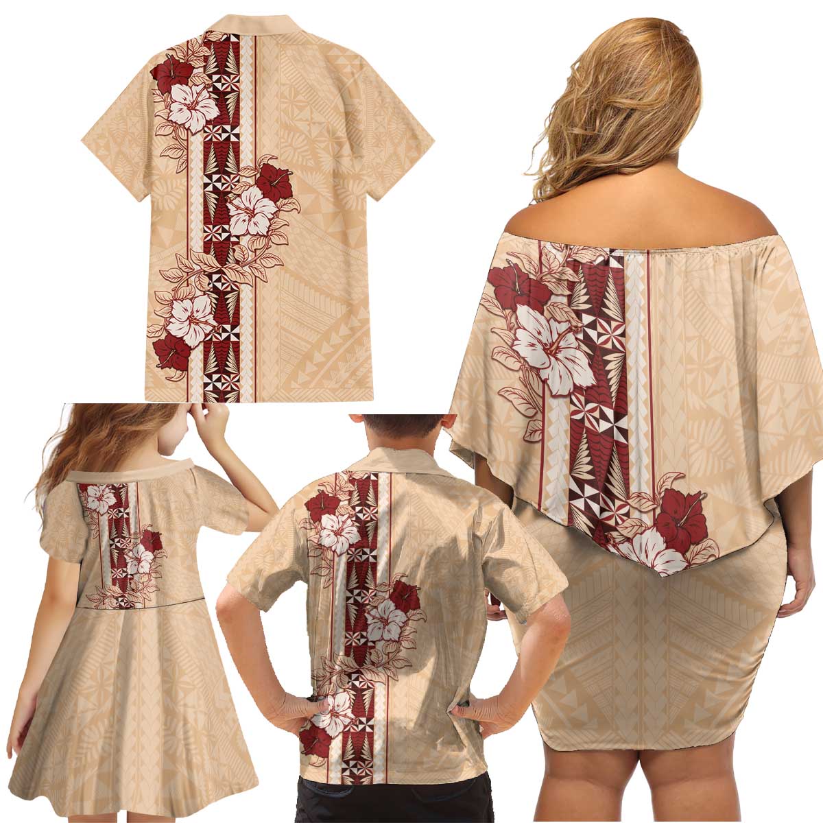 Tonga Language Week Family Matching Off Shoulder Short Dress and Hawaiian Shirt Hibiscus Tongan Ngatu Pattern LT05 - Polynesian Pride