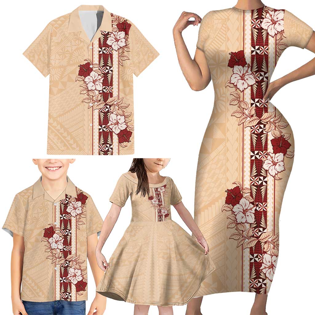 Tonga Language Week Family Matching Short Sleeve Bodycon Dress and Hawaiian Shirt Hibiscus Tongan Ngatu Pattern LT05 - Polynesian Pride