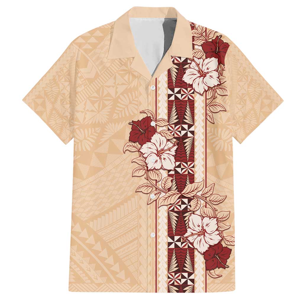Tonga Language Week Family Matching Short Sleeve Bodycon Dress and Hawaiian Shirt Hibiscus Tongan Ngatu Pattern LT05 Dad's Shirt - Short Sleeve Beige - Polynesian Pride