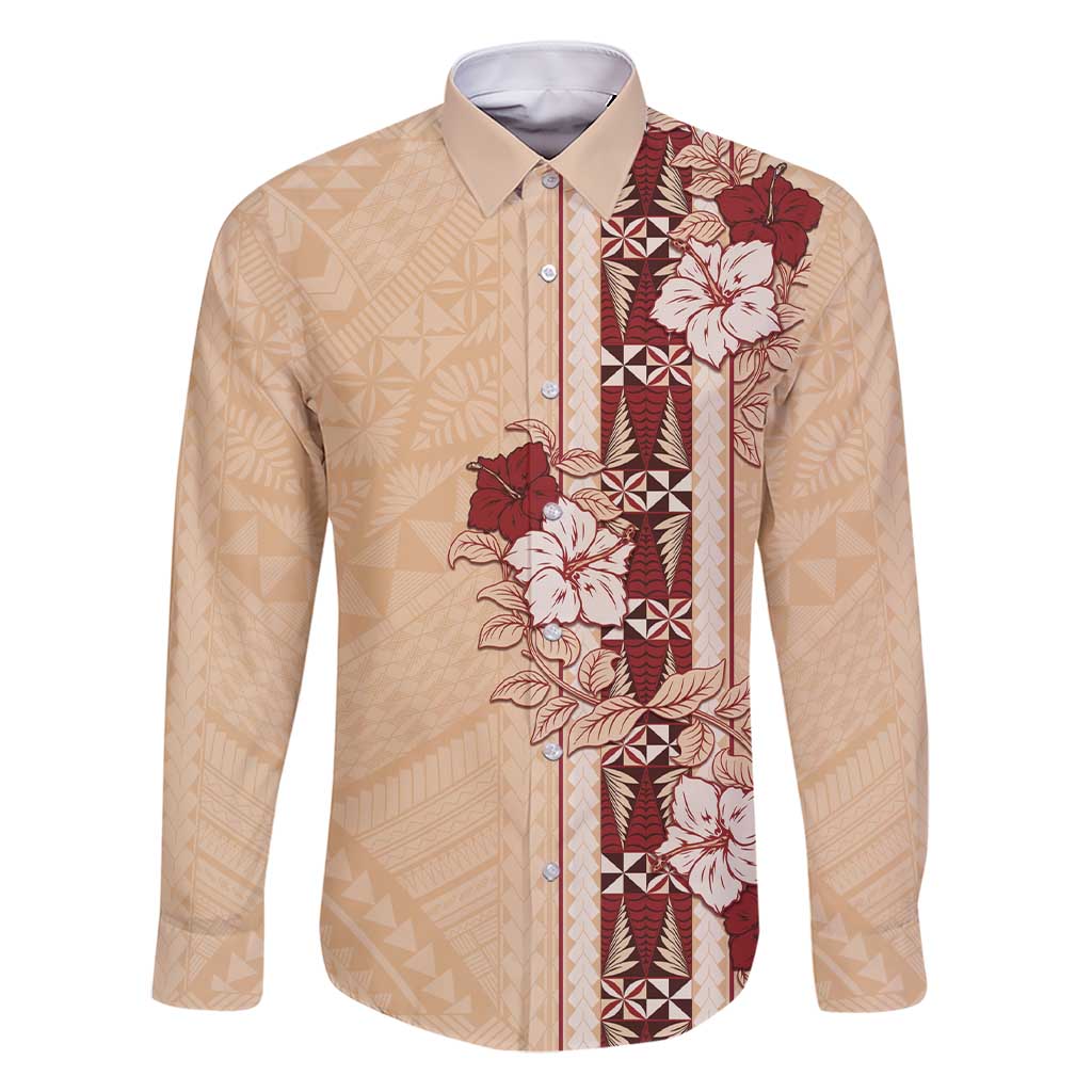 Tonga Language Week Family Matching Short Sleeve Bodycon Dress and Hawaiian Shirt Hibiscus Tongan Ngatu Pattern LT05 Dad's Shirt - Long Sleeve Beige - Polynesian Pride