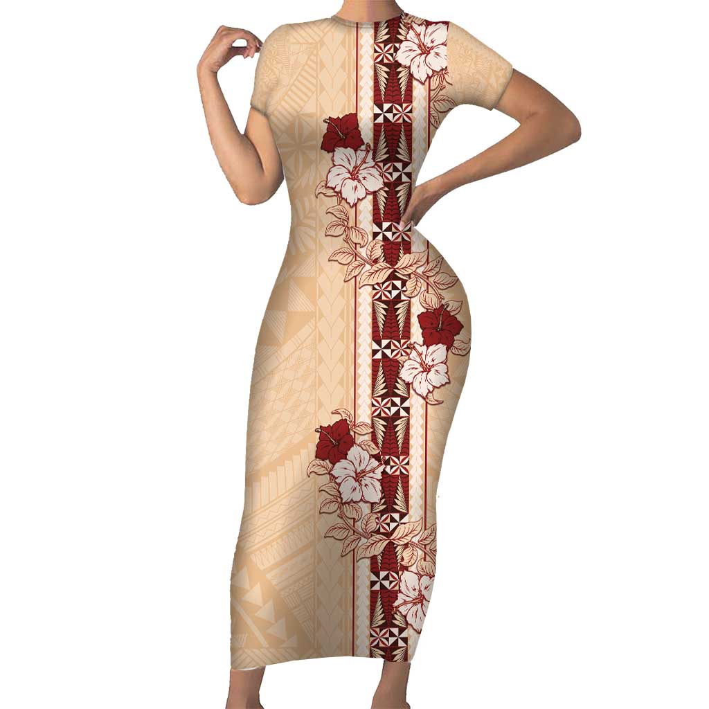 Tonga Language Week Family Matching Short Sleeve Bodycon Dress and Hawaiian Shirt Hibiscus Tongan Ngatu Pattern LT05 Mom's Dress Beige - Polynesian Pride