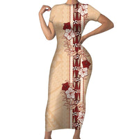 Tonga Language Week Family Matching Short Sleeve Bodycon Dress and Hawaiian Shirt Hibiscus Tongan Ngatu Pattern LT05 Mom's Dress Beige - Polynesian Pride