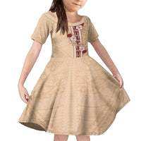 Tonga Language Week Family Matching Tank Maxi Dress and Hawaiian Shirt Hibiscus Tongan Ngatu Pattern LT05 Daughter's Dress Beige - Polynesian Pride