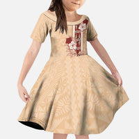 Tonga Language Week Kid Short Sleeve Dress Hibiscus Tongan Ngatu Pattern LT05 KID Beige - Polynesian Pride
